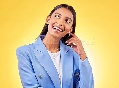 Buy stock photo Business, thinking or woman with a smile, solution or problem solving on a yellow studio background. Person, ideas or model with opportunity, employee or decision with brainstorming, option or choice
