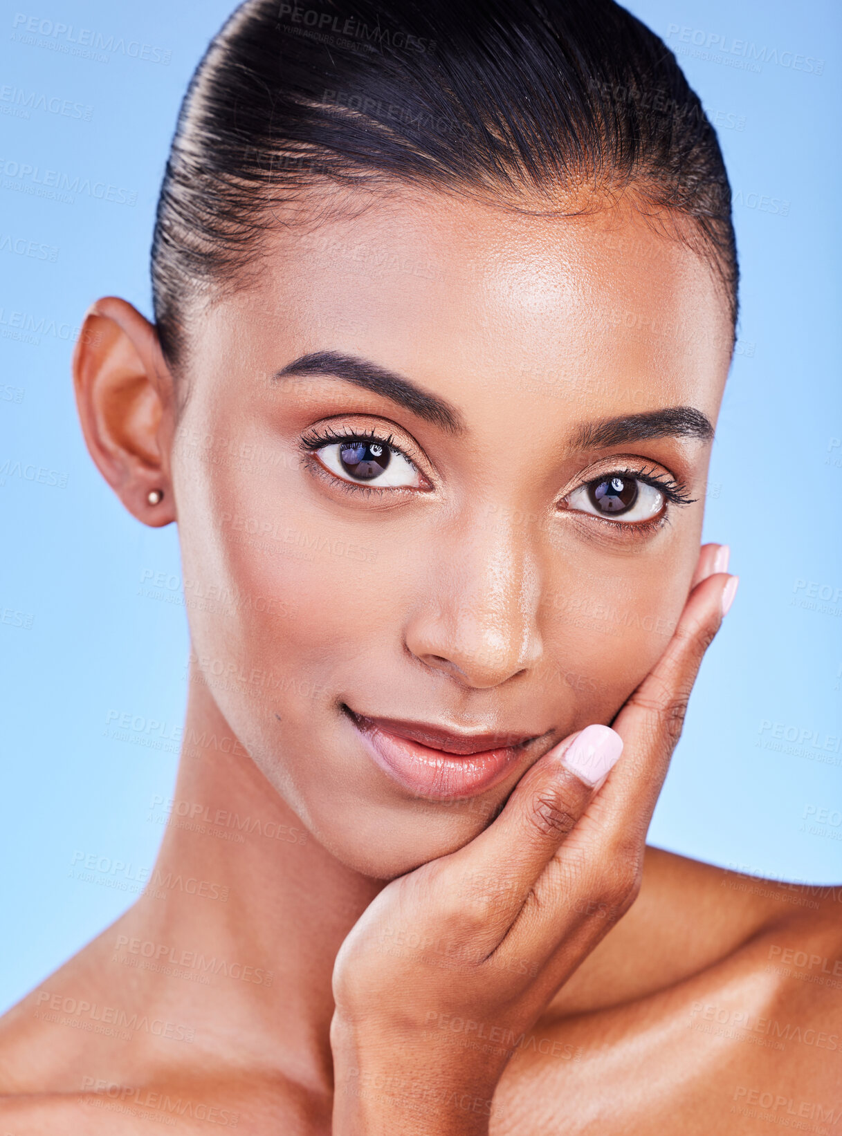 Buy stock photo Beauty, health and skincare with portrait of woman in studio for cosmetics, dermatology and facial. Glow, self care and wellness with person on blue background for spa treatment, grooming and makeup