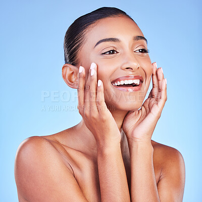 Buy stock photo Beauty, smile and skincare with face of woman in studio for cosmetics, dermatology and facial. Glow, self care and wellness with person on blue background for spa treatment, grooming and makeup