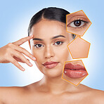 Skincare, dermatology and portrait of woman with overlay in studio for wellness, beauty and cosmetics. Salon, spa and face of person for makeup analysis, product benefits or facial on blue background