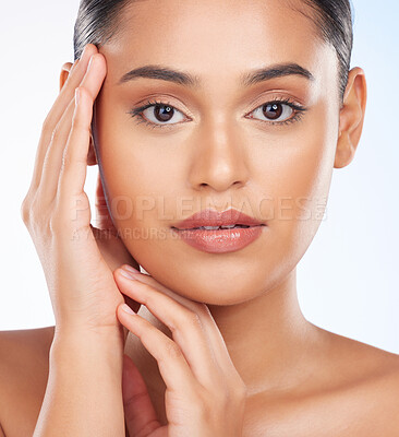 Buy stock photo Woman, face and hands with natural beauty, skincare and cosmetic care isolated on white background. Model in portrait with clean facial, wellness and dermatology with skin glow and shine in a studio