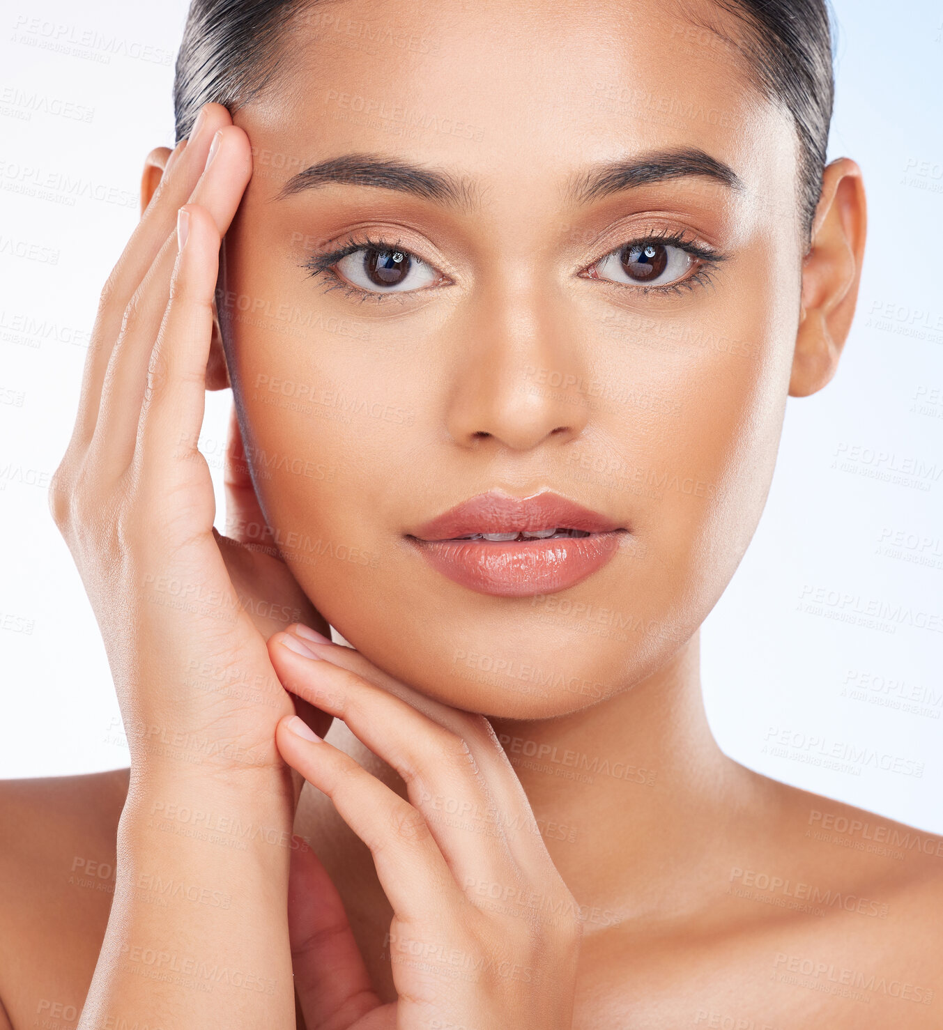 Buy stock photo Woman, face and hands with natural beauty, skincare and cosmetic care isolated on white background. Model in portrait with clean facial, wellness and dermatology with skin glow and shine in a studio