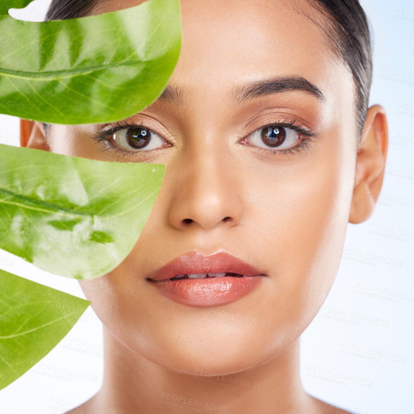 Buy stock photo Woman with palm leaf, face and natural beauty with sustainable skincare isolated on white background. Wellness, skin glow and eco friendly cosmetics with green product, nature and portrait in studio