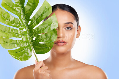 Buy stock photo Woman with palm leaf, portrait and natural beauty with sustainable skincare isolated on white background. Wellness, skin glow and eco friendly cosmetics with green product, nature and face in studio