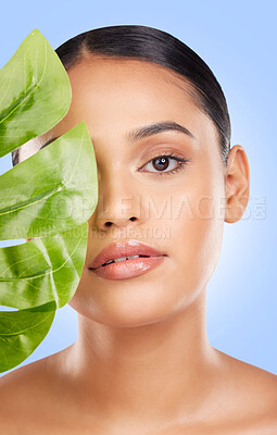 Palm leaf, woman face and natural beauty, sustainable skincare and cosmetics isolated on blue background. Wellness, skin glow and eco friendly product with portrait, dermatology and green in studio
