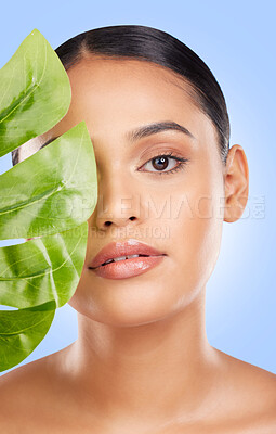 Buy stock photo Palm leaf, woman face and natural beauty, sustainable skincare and cosmetics isolated on blue background. Wellness, skin glow and eco friendly product with portrait, dermatology and green in studio