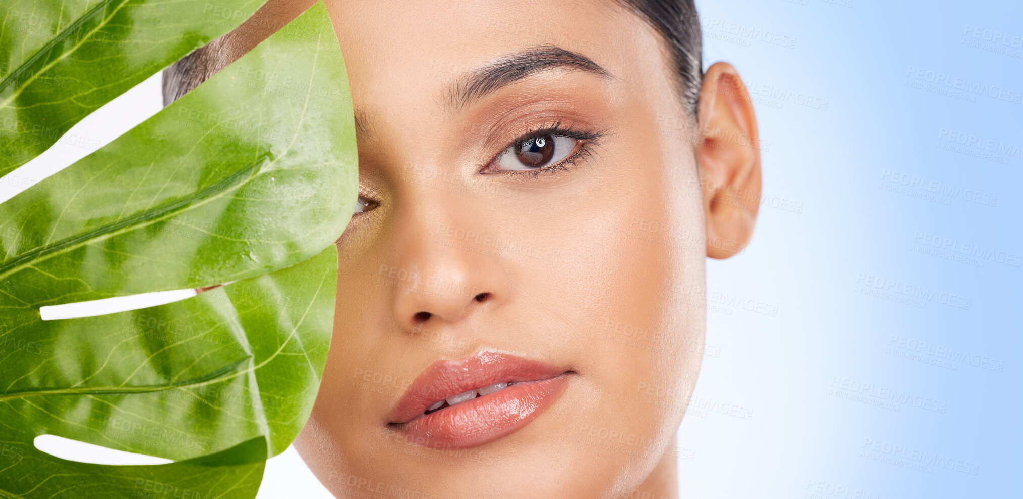 Buy stock photo Woman with palm leaf, face and beauty, sustainable skincare and natural isolated on blue background. Wellness, skin glow and eco friendly cosmetics with mockup space, dermatology portrait in studio