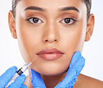 Face, lip filler and dermatology, woman and beauty with doctor and plastic surgery on white background. Portrait, cosmetic treatment and liquid collagen, needle syringe and wellness in a studio