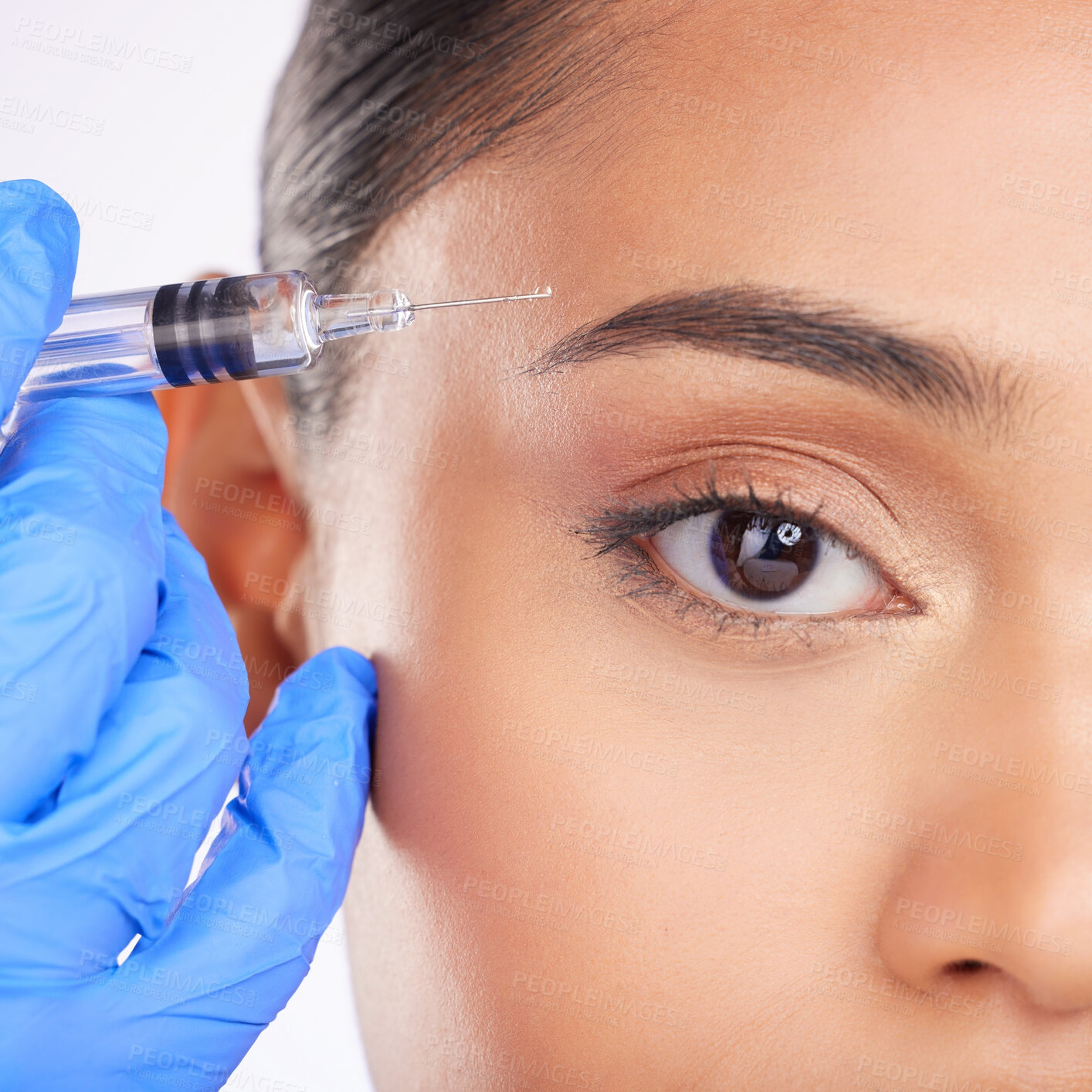 Buy stock photo Eyebrow, woman and portrait of injection, plastic surgery and facial beauty process on white background in studio. Closeup, facelift and needle at eyes for aesthetic filler, skincare or prp cosmetics