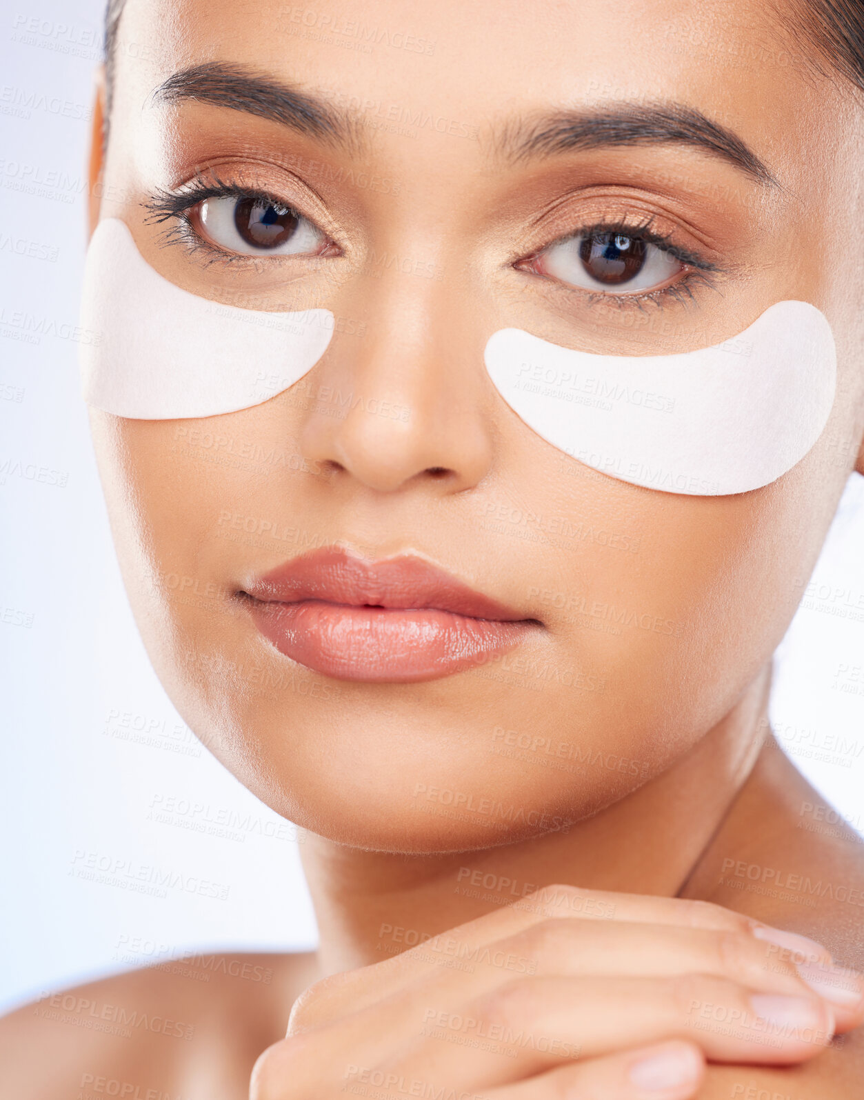 Buy stock photo Skincare, beauty and portrait of woman with collagen eye patch for anti aging or skin pad on white background. Cosmetics, facial detox and model with luxury mask or product for dermatology in studio.