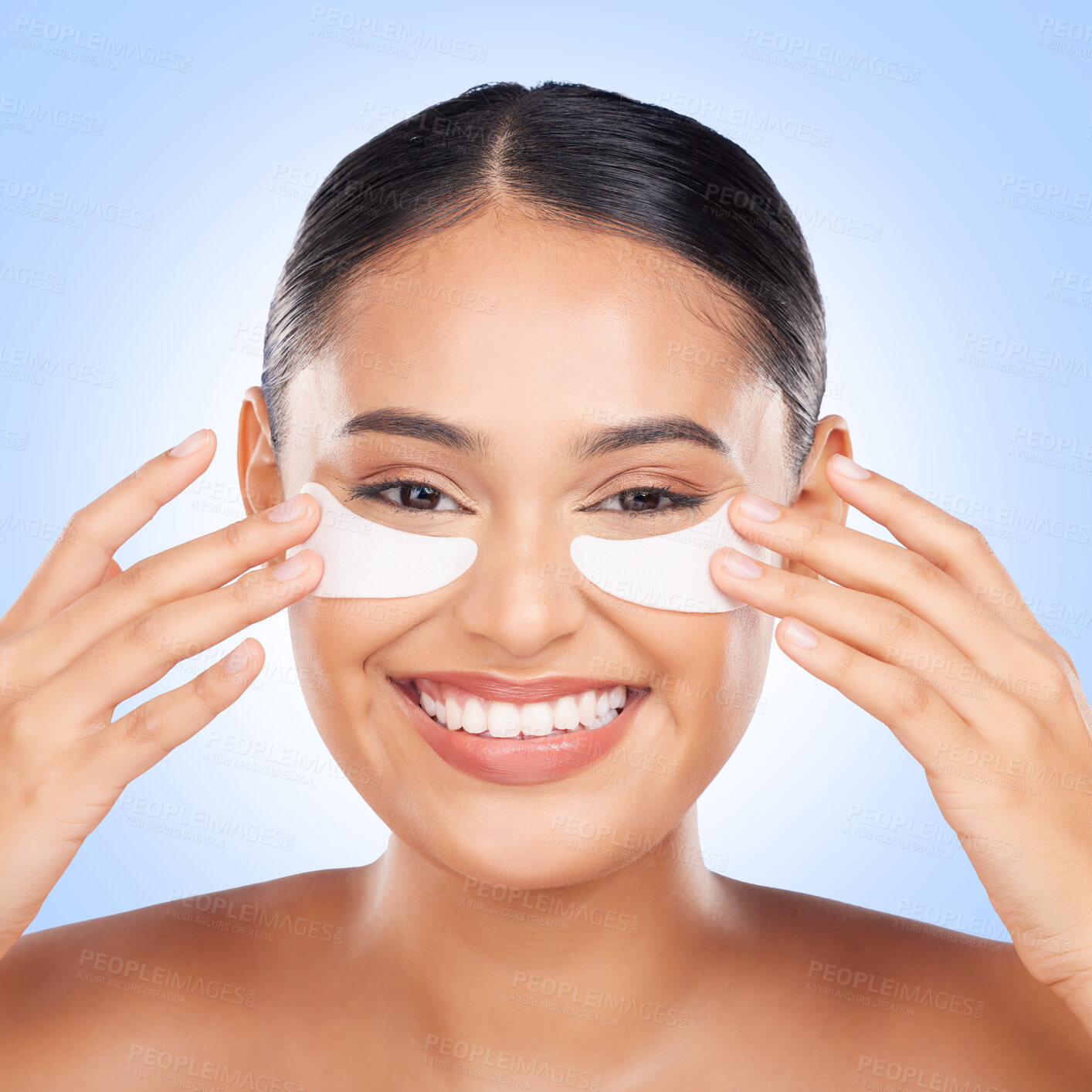 Buy stock photo Skincare, eye mask and portrait of happy woman with collagen pad for anti aging skin glow on blue background. Cosmetics, facial beauty and face of model with patches or mask for dermatology in studio