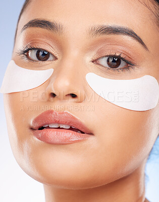 Buy stock photo Portrait, beauty and woman with collagen patch for anti aging or skin glow on studio background. Cosmetics, facial detox and face of model with eye pads or skincare patch for dermatology product.