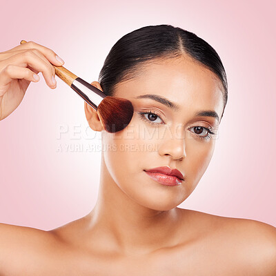 Buy stock photo Cosmetic, makeup brush and portrait of woman in studio with a glamour, beauty or face routine. Glow, self care and headshot of young female model with cosmetology product isolated by pink background.