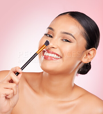 Buy stock photo Beauty, portrait and happy woman with makeup brush in studio for cosmetic wellness on pink background. Smile, face and female model with tool for powder, contour and foundation, glamour or routine