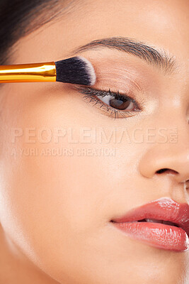 Buy stock photo Face makeup, eyeshadow brush and woman with studio cosmetics tools, beauty care product and closeup facial cosmetology. Foundation application, spa salon dermatology and aesthetic skincare model 