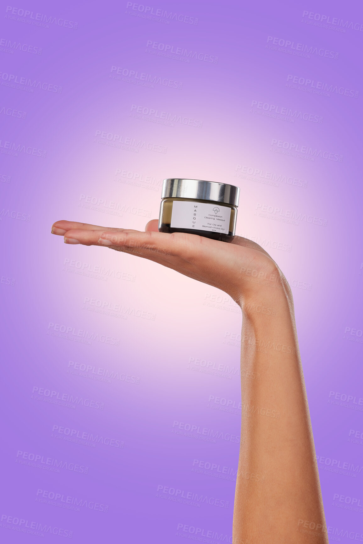 Buy stock photo Hand, cream or serum with beauty and skincare, advertising product with dermatology isolated on purple background. Person with cosmetics for skin and promotion, container and facial mask in studio