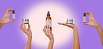 Skincare, hands and woman in studio with beauty, product and cosmetics on purple background. Bottle, container and model show skin, dermatology or selection, wellness or essential oil care or cream