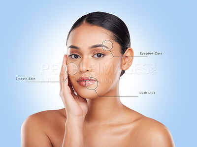 Buy stock photo Beauty, skincare and portrait of woman with text overlay and hand on face for cosmetics in studio on blue background. Cosmetology, person and wellness for dermatology, facial health and glow