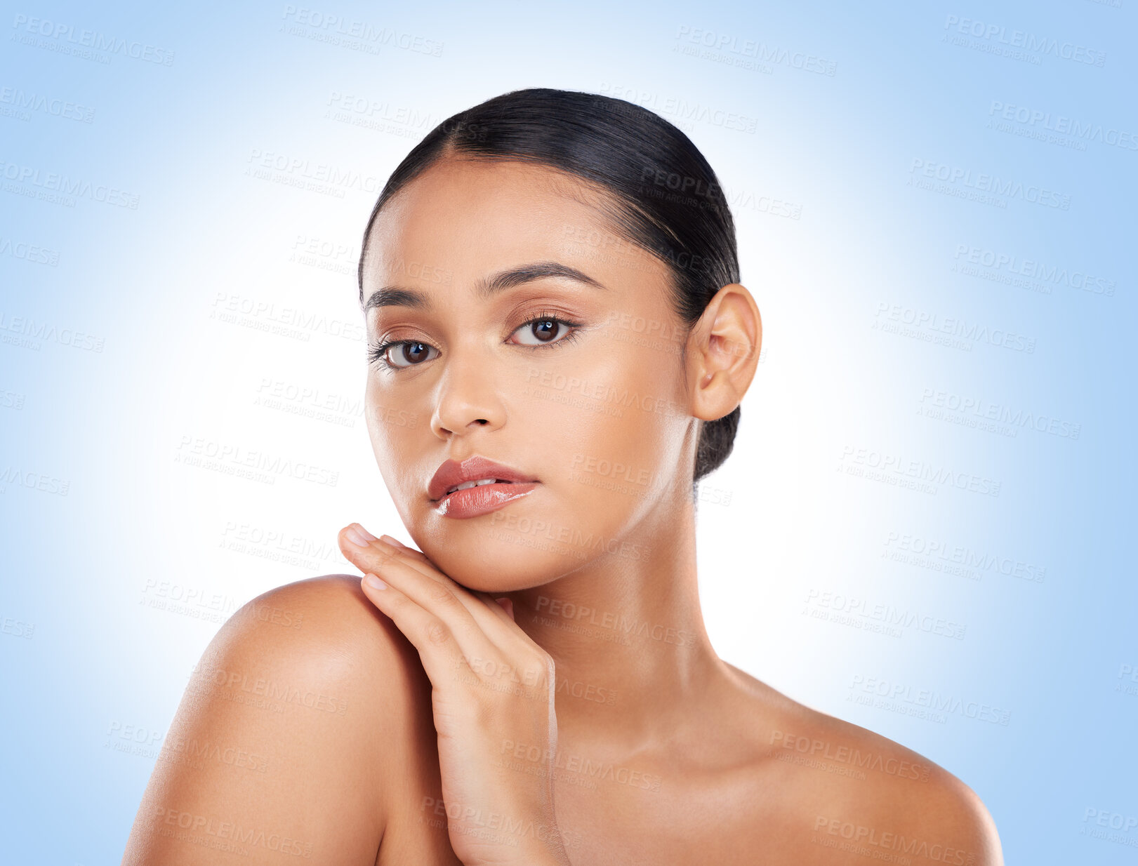 Buy stock photo Beauty, makeup and glow with portrait of woman in studio for cosmetics, spa and self care. Health, skincare and dermatology with natural face of person on blue background for facial in a salon 