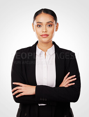 Buy stock photo Business woman, arms crossed and portrait, confidence and lawyer isolated on white background. Face, professional and corporate attorney with career, employee and suit, pride and mission in studio