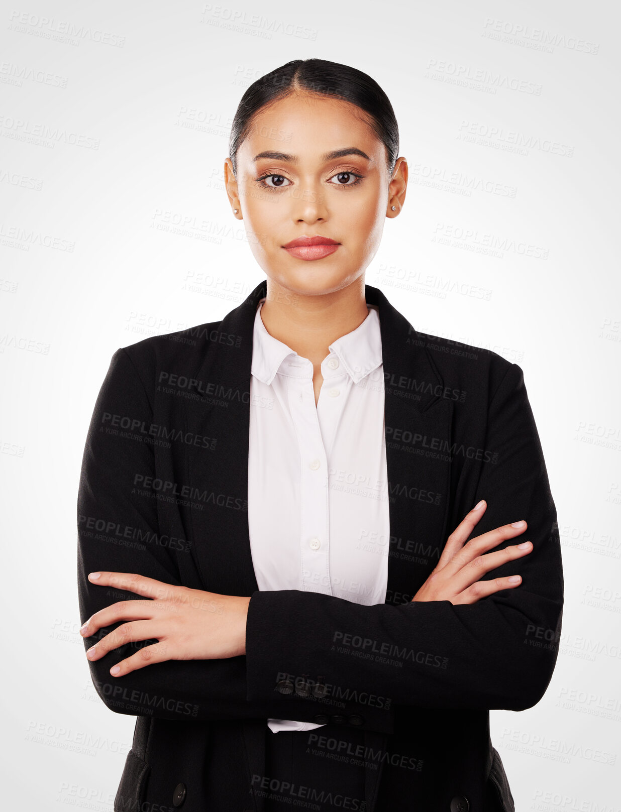 Buy stock photo Business woman, arms crossed and portrait, confidence and lawyer isolated on white background. Face, professional and corporate attorney with career, employee and suit, pride and mission in studio