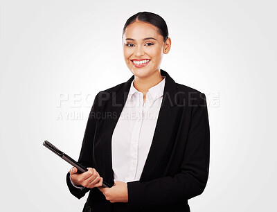 Buy stock photo Tablet, smile and portrait of businesswoman in a studio to scroll on the internet, website or blog. Happy, digital technology and professional lawyer with confidence for research by white background.