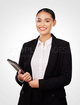 Buy stock photo Human rights, lawyer and portrait of woman with tablet and information on politics, government and career injustice. Political, ambassador and person with confidence, pride and motivation for law