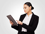 Studio, woman and lawyer working with tablet for online news, research and study case, work or information on website. Reading, mobile app and typing law notes, report or email feedback to client