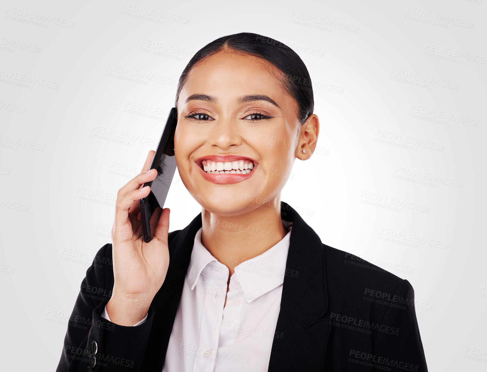 Buy stock photo Business woman, phone call and portrait, smile and lawyer negotiate deal and networking isolated on white background. Face, professional and corporate attorney, communication and mission in studio