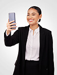 Happy business woman, phone and video call in discussion, networking or communication against a studio background. Female person or employee smile talking on mobile smartphone for online conversation