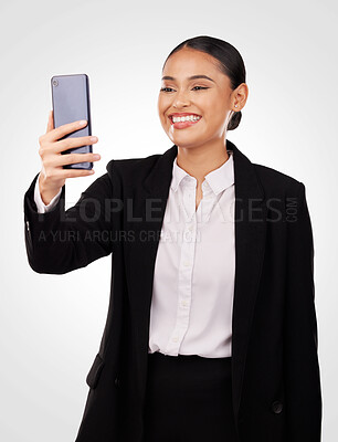 Buy stock photo Happy business woman, phone and video call in discussion, networking or communication against a studio background. Female person or employee smile talking on mobile smartphone for online conversation