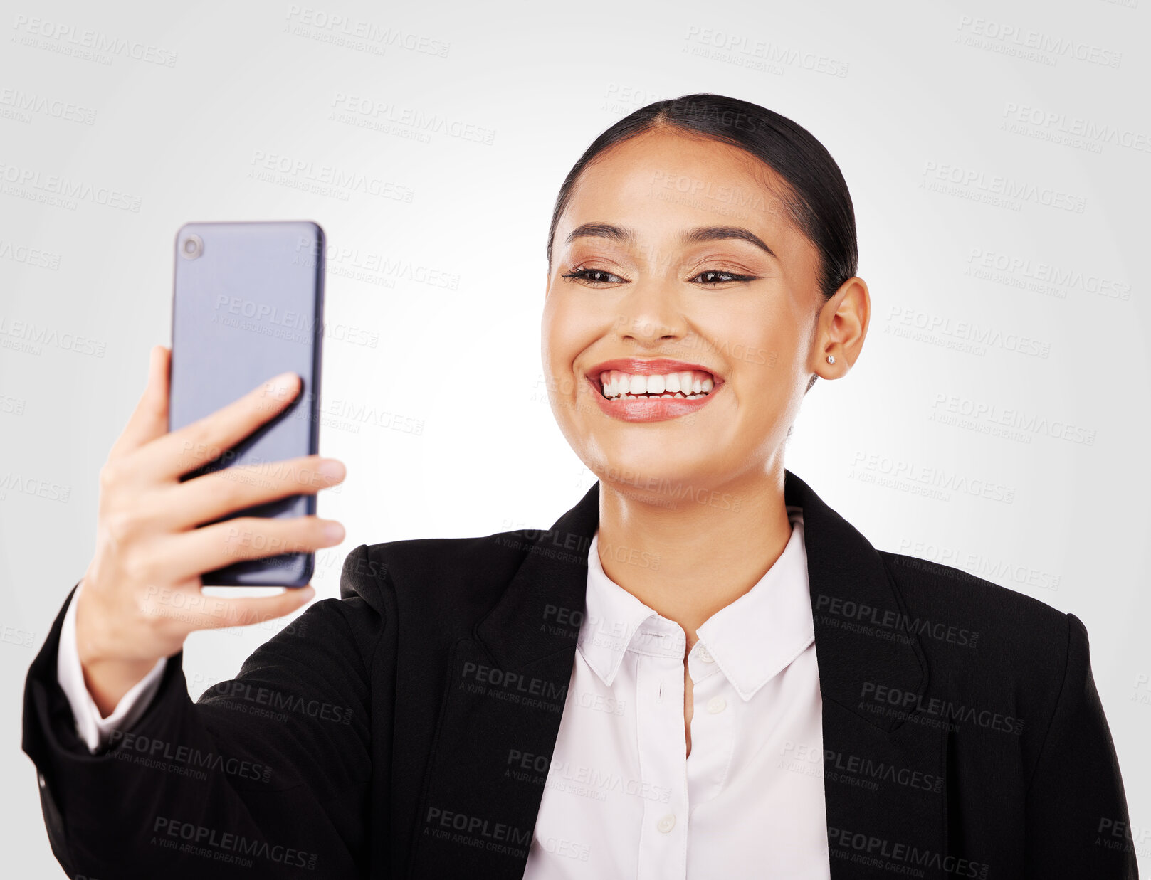 Buy stock photo Selfie, business and woman entrepreneur, studio and social media for profile picture and online post. Happy, professional and person with smile for video call or networking on white background 