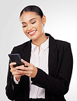 Happy business woman, phone and typing in social media, networking or communication against a studio background. Female person or employee smile in online texting or chatting on mobile smartphone app