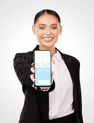 Buy stock photo Happy woman, phone screen and feedback in customer service, product or rating against a studio background. Portrait of female person, business or employee show smartphone display of best results