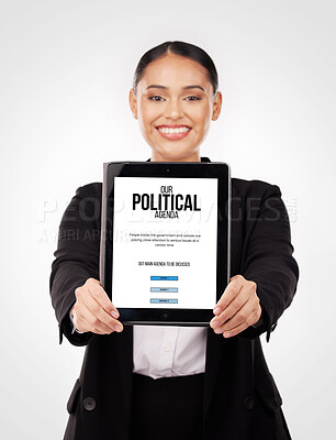 Buy stock photo Human rights, lawyer and portrait of woman with paper with politics, agenda and information on our vision for society or government. Political, ambassador and person with event schedule on tablet