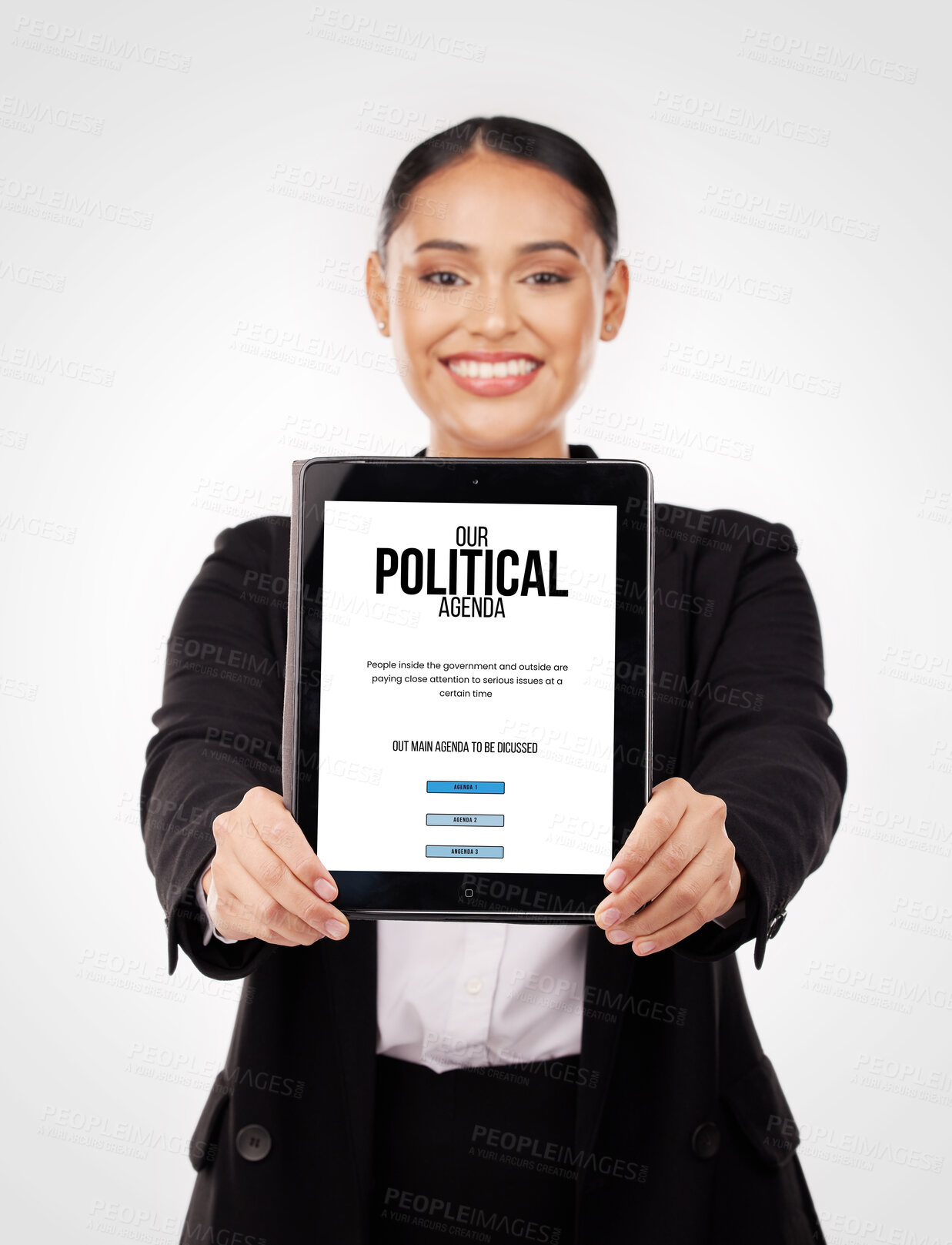 Buy stock photo Human rights, lawyer and portrait of woman with paper with politics, agenda and information on our vision for society or government. Political, ambassador and person with event schedule on tablet