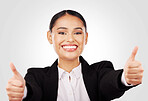 Happy woman, portrait and thumbs up in business success, winning or thank you against a studio background. Face of female person or employee smile in like emoji, yes sign or OK agreement and approval