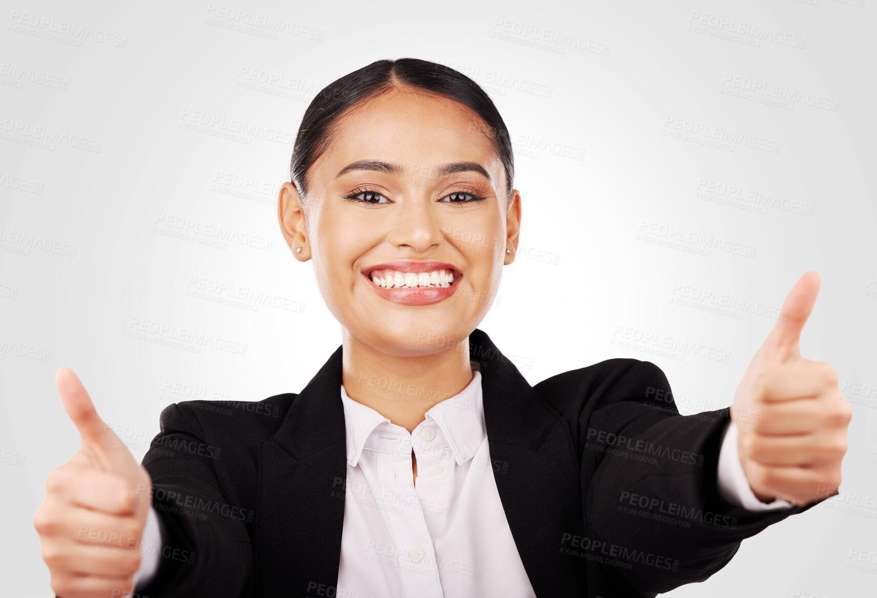 Buy stock photo Happy woman, portrait and thumbs up in business success, winning or thank you against a studio background. Face of female person or employee smile in like emoji, yes sign or OK agreement and approval