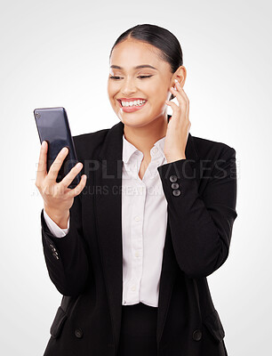 Buy stock photo Business woman, video call and phone for social media networking, online meeting or opportunity in studio. Professional worker or happy employee with virtual communication or chat on white background