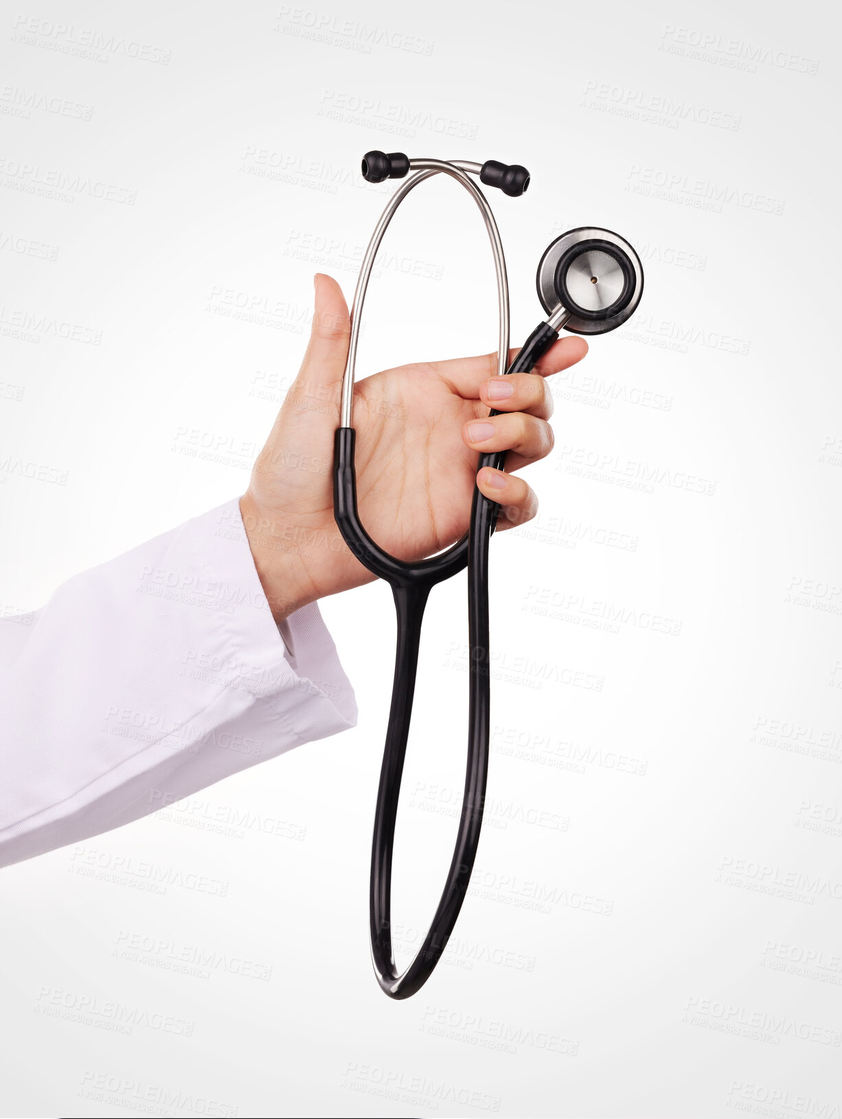 Buy stock photo Stethoscope in hand, doctor and health, cardiology and wellness with equipment isolated on white background. Cardiovascular healthcare, listen to heart beat and person in studio with medical tools