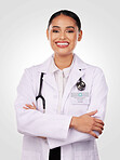 Portrait, doctor and smile of woman with arms crossed, confidence and pride in medicine and healthcare on white background. Medical worker, person and professional in studio with stethoscope 