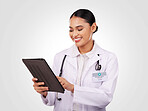 Happy woman, doctor and tablet in healthcare research, communication or Telehealth against a studio background. Female person, nurse or medical professional smile on technology for online networking