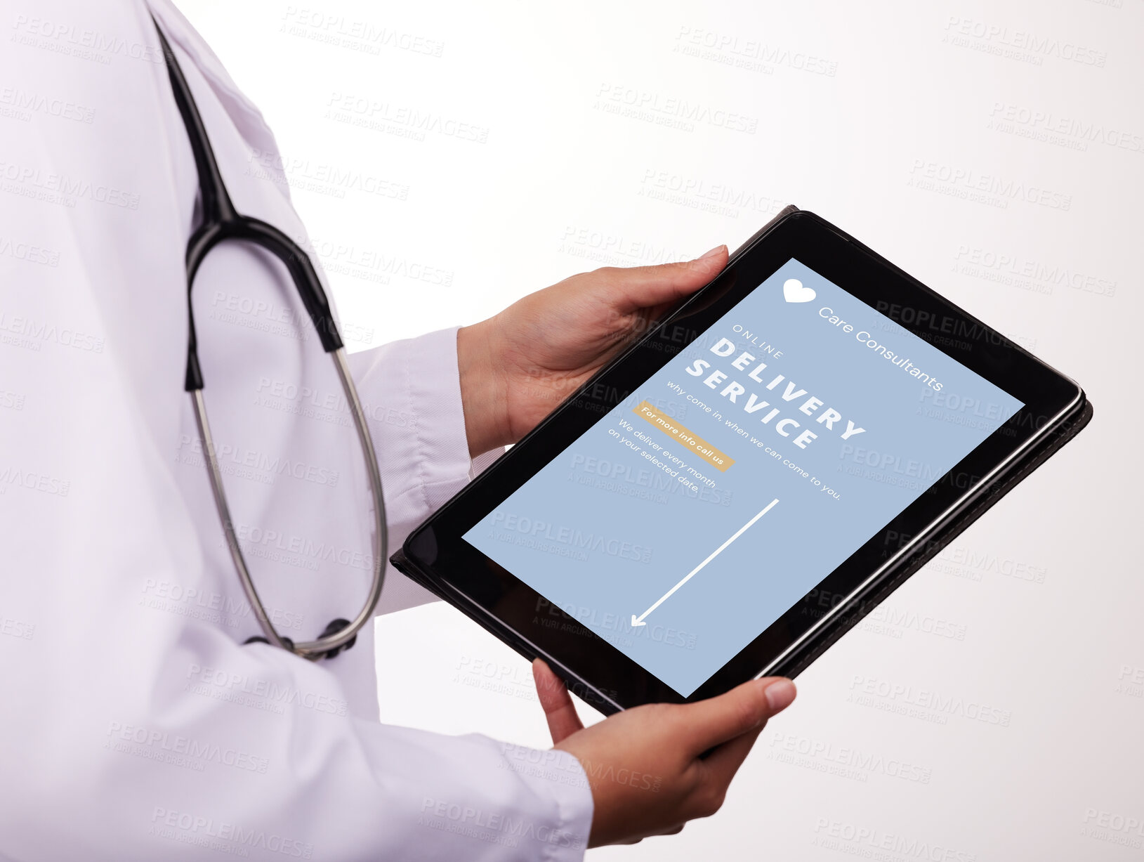 Buy stock photo Doctor, hands and tablet screen in Telehealth, healthcare or delivery service for online consultation. Closeup of medical person or health consultant with technology display app for telecommunication