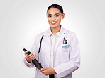 Happy woman, doctor and portrait with tablet in healthcare research or online advice against a studio background. Female person or medical professional smile with technology for Telehealth on mockup