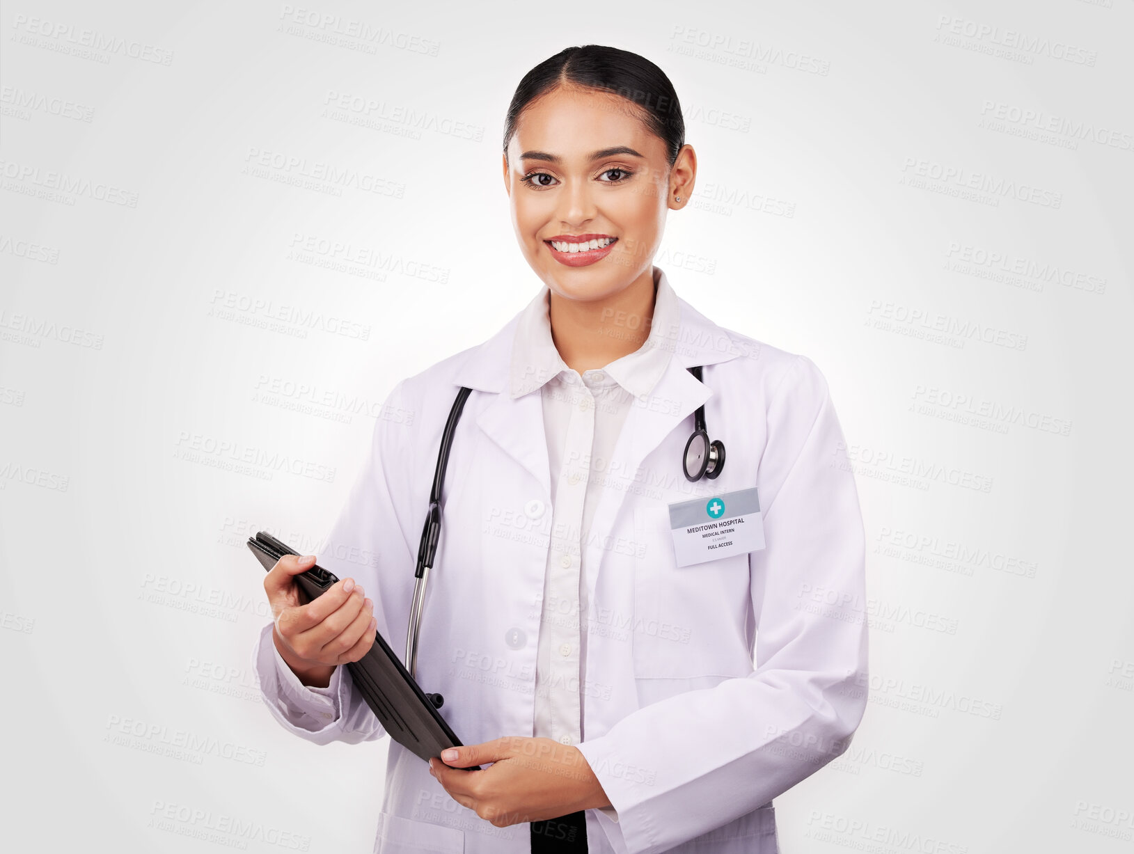 Buy stock photo Happy woman, doctor and portrait with tablet in healthcare research or online advice against a studio background. Female person or medical professional smile with technology for Telehealth on mockup