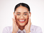 Glasses portrait, woman and vision of ophthalmologist in studio isolated on a white background. Face smile, optometrist and lens of happy medical professional optician in frame for health in eye care