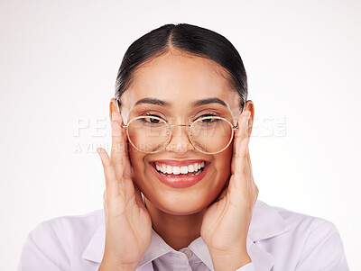 Buy stock photo Glasses portrait, woman and vision of ophthalmologist in studio isolated on a white background. Face smile, optometrist and lens of happy medical professional optician in frame for health in eye care