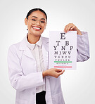 Eye exam, chart and letter, vision and woman in portrait, optometrist and health isolated on white background. Assessment, diagnosis and healthcare with optometry, glasses and doctor in a studio