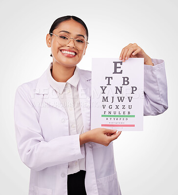 Buy stock photo Eye exam, chart and letter, vision and woman in portrait, optometrist and health isolated on white background. Assessment, diagnosis and healthcare with optometry, glasses and doctor in a studio