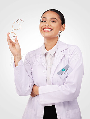 Buy stock photo Woman, glasses in portrait and smile of optician in studio isolated on a white background. Happy face, ophthalmologist and vision frame of medical professional optometrist confident in eye healthcare